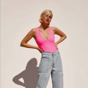 Zara Hot Pink Plunging V-Neck Bodysuit